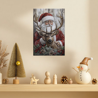 Abiagael – Santa Claus and Reindeer Painting Rustic Pinecone Winter Scene Canvas Prints Poster for Holiday Home Wall Decor, Ready to Hang, Farmhouse Christmas Artwork, 12×16 Inches