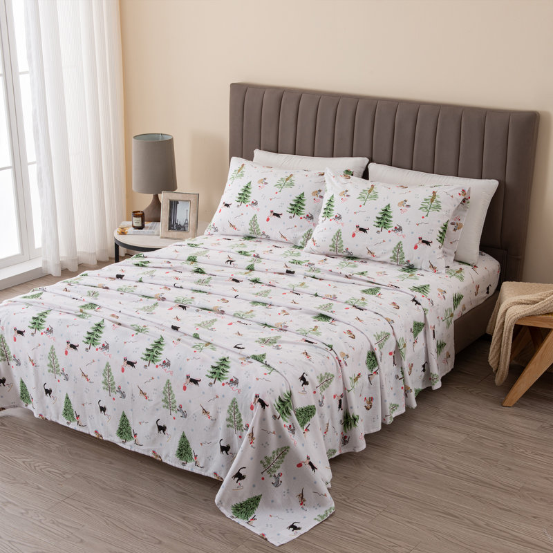 Winter Cats Blue Cotton Flannel Twin Sheet Set