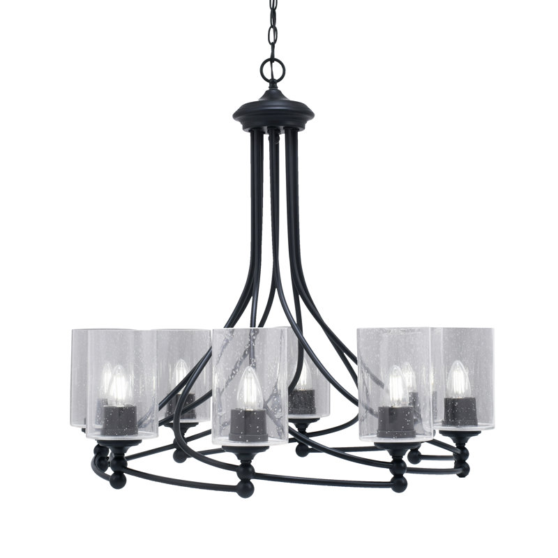 Lustre 8 lumières Sadea illustré avec verre de 4 po, Grainé transparent, Noir mat
