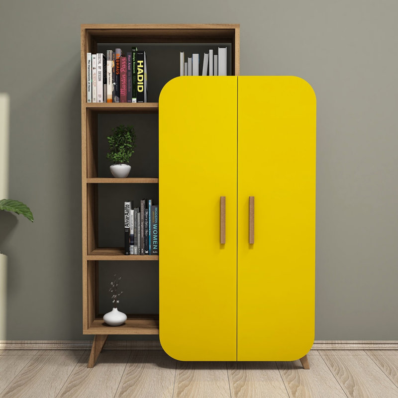 Modern Bookshelf with Numerous Shelves, Walnut & Yellow Colours, 35.4 x 51.9 x 12.6 Inches | 100% Melamine Coated Particle Board, Thickness: 0.71 Inches | Wall-Mountable, Holds Up to 99 lbs, Stylish & Functional Design