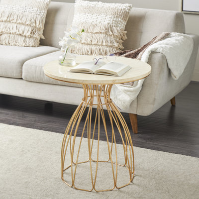 Cole And Grey Metal Flower Inspired Accent Table With Cream Marble Tabletop