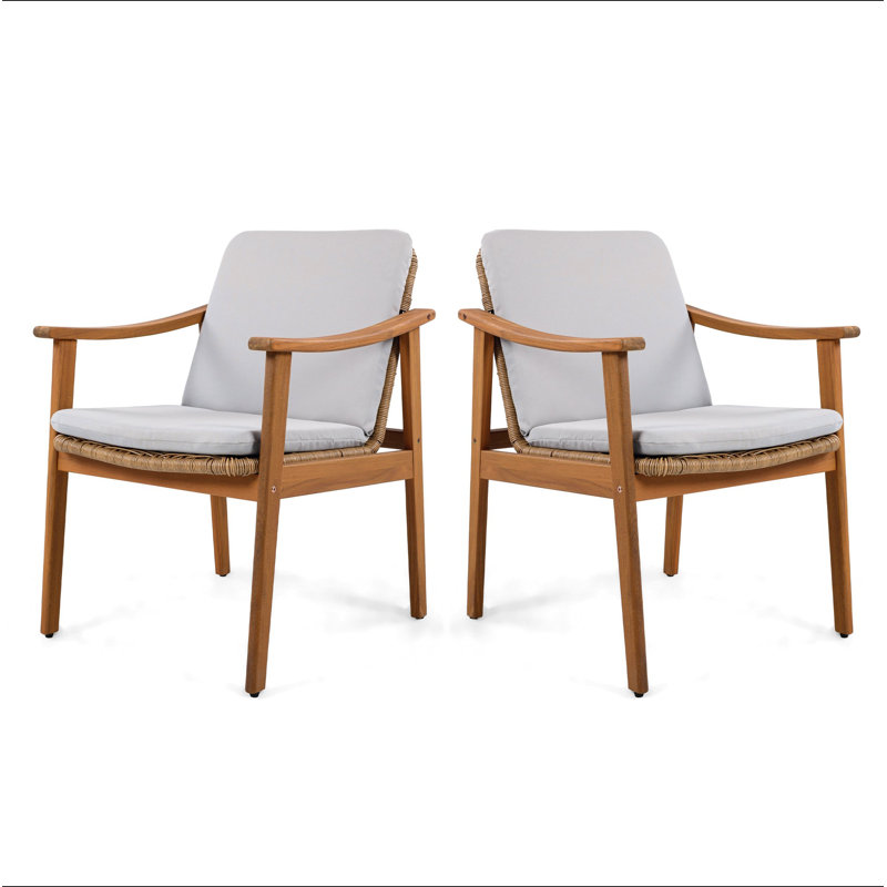 Ensemble de 2 chaises de salle à manger d'extérieur, structure en bois d'acacia couleur teck, osier PE brun, coussin imperméable gris, idéal pour les patios et les jardins