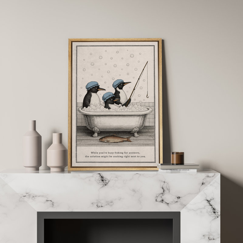Art mural pingouin avec parapluie, reproduction d'art amusante pour salle de bain moderne ou décoration originale