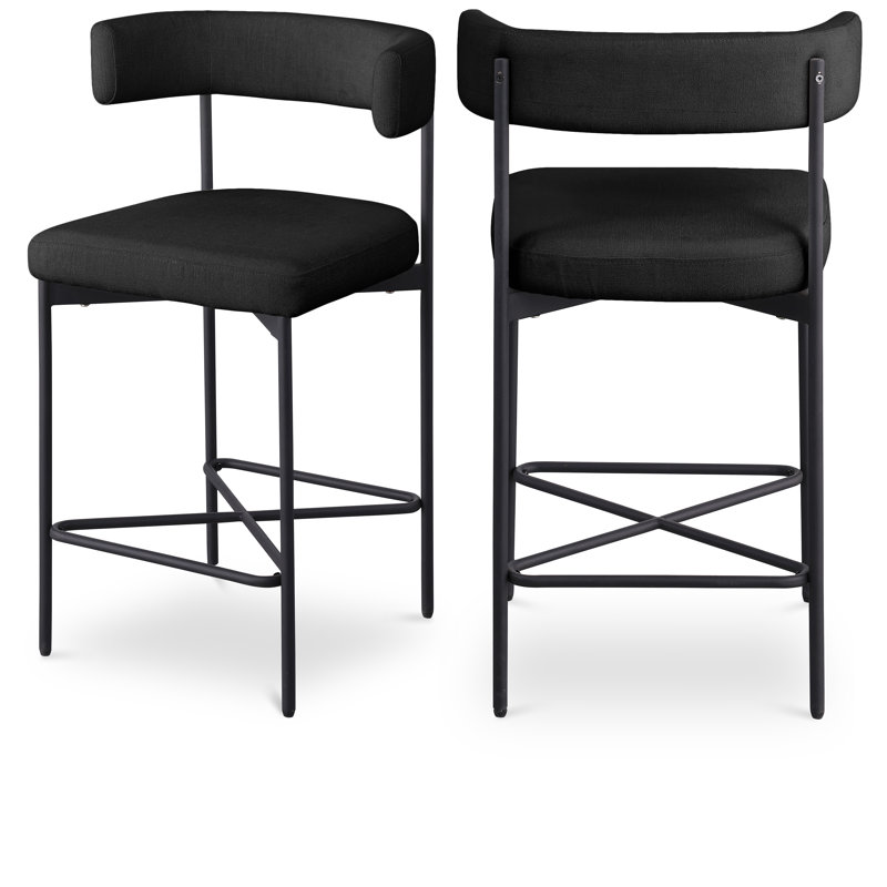 Hisayo Upholstered Counter Stool with Metal Frame, Black Linen Textured Fabric