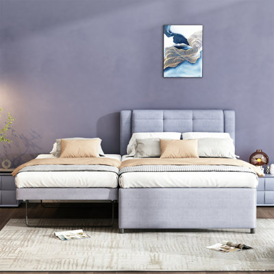 Lit plateforme double en tissu d'ameublement en lin avec lit gigogne
