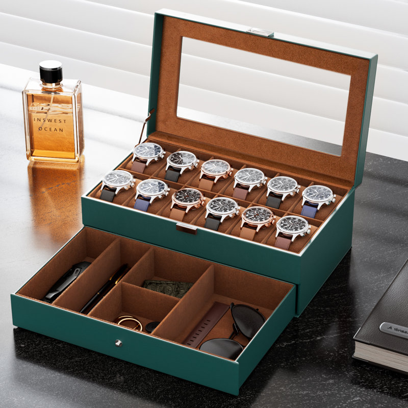 Boîte à montre avec couvercle en verre et tiroir, support de rangement pour bijoux à 2 fentes à 12 couches, 12 Slots