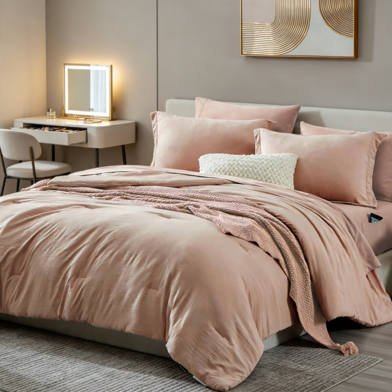 Ensemble de couette prélavée Queen, 7 pièces, Argile rose