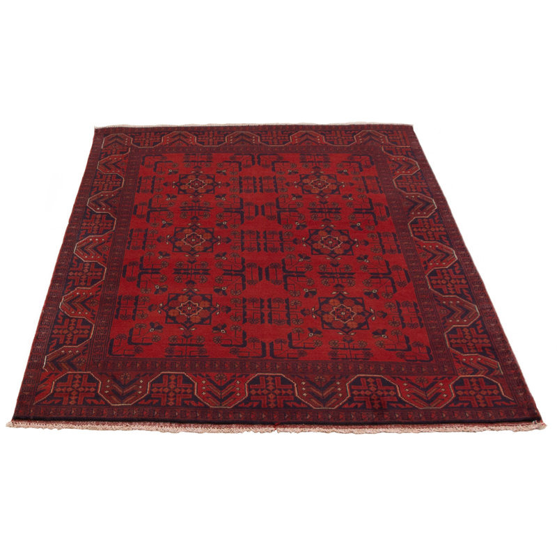 Tapis rouge en laine noué à la main de conception unique 5 pi 1 po x 6 pi 8 po Monez