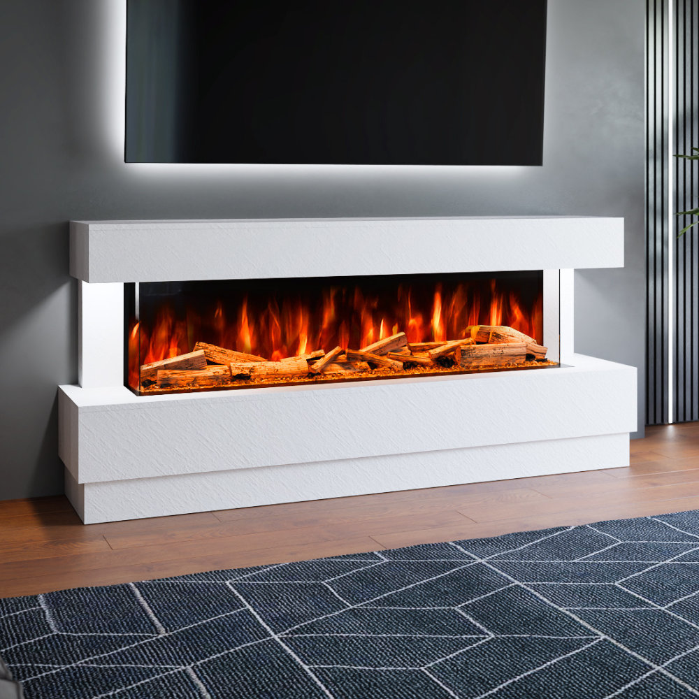 Evolution Fires Raphael Freestanding Electric Fireplace Suite | 1500mm 3-Sided LED Fire with White Stone Effect | Ideal for Feature Walls