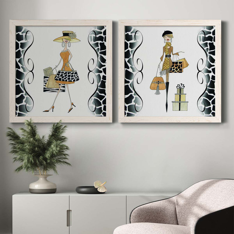 Swanky Shopper Gal - ensemble de 2 impressions encadrées sur toile, H 27,5 po x l 55 po x P 1,5 po, Cadre blanc