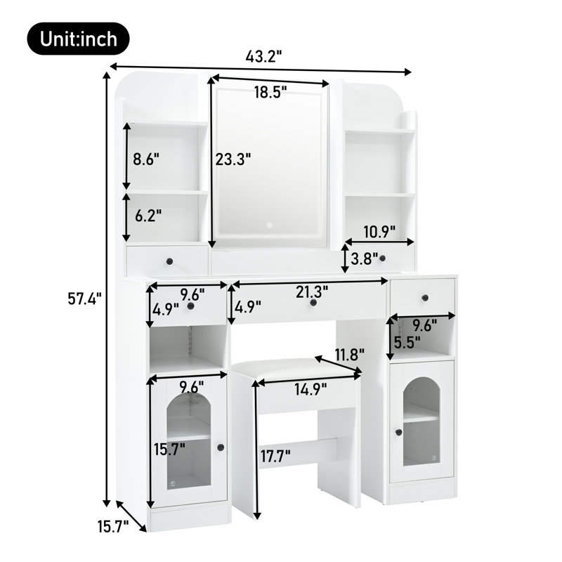 Vanity Desk Set with Mirror and Adjustable LED Lights, Glass Top Vanity Table with RGB Light Cabinet,Cushioned Chair, Power Outlet and Drawers for Bedroom, White