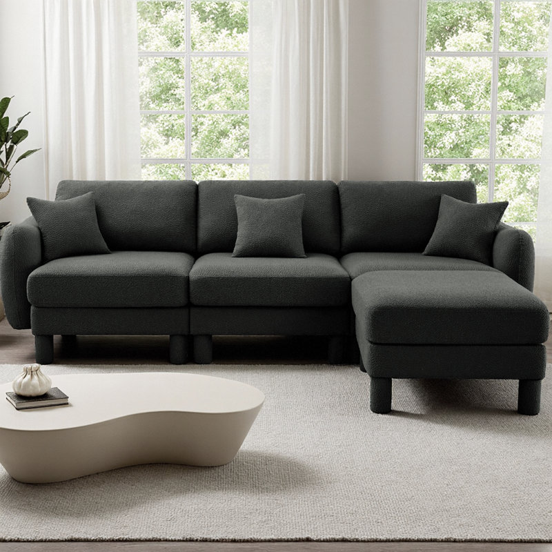 Canapé modulaire en L convertible en tissu avec accoudoirs en coquille Boucle, canapé moderne à 3 places avec repose-pieds amovible et pieds cylindriques, revêtement en polyester doux