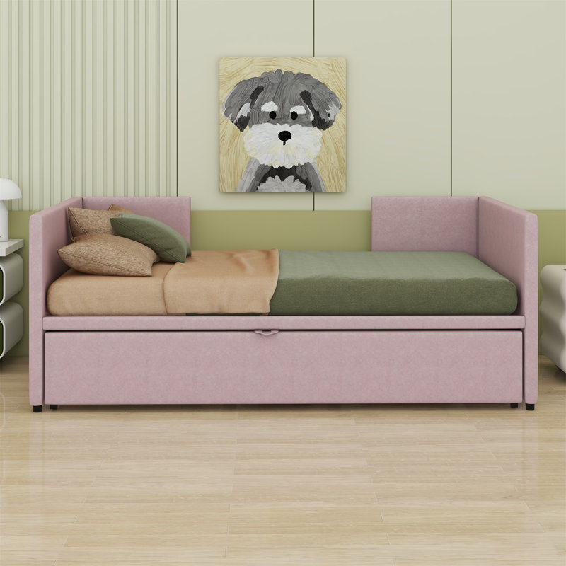 Upholstered Daybed with Trundle Bed, Pink