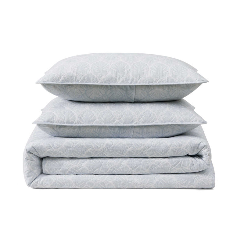 Tommy Bahama Line Palms Blue Cotton Reversible Quilt Set, King Quilt + 2 King Shams