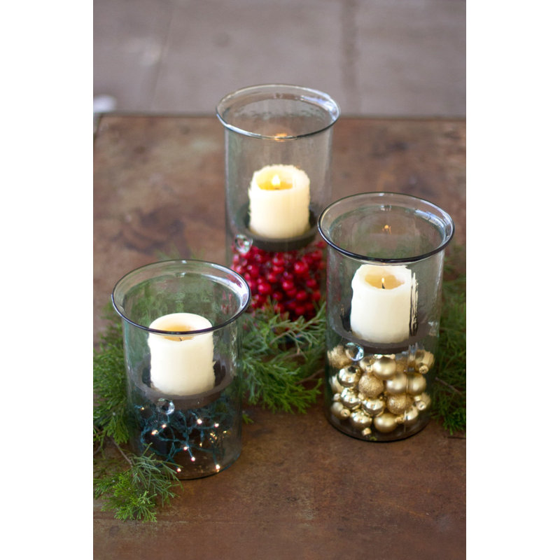  Large Hammered Glass Candle Cylinder with Metal Insert Set of 2