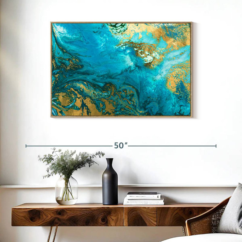 Texture bleue et dorée Phung, 37 po x 25 po, Cadre flottant en bois naturel