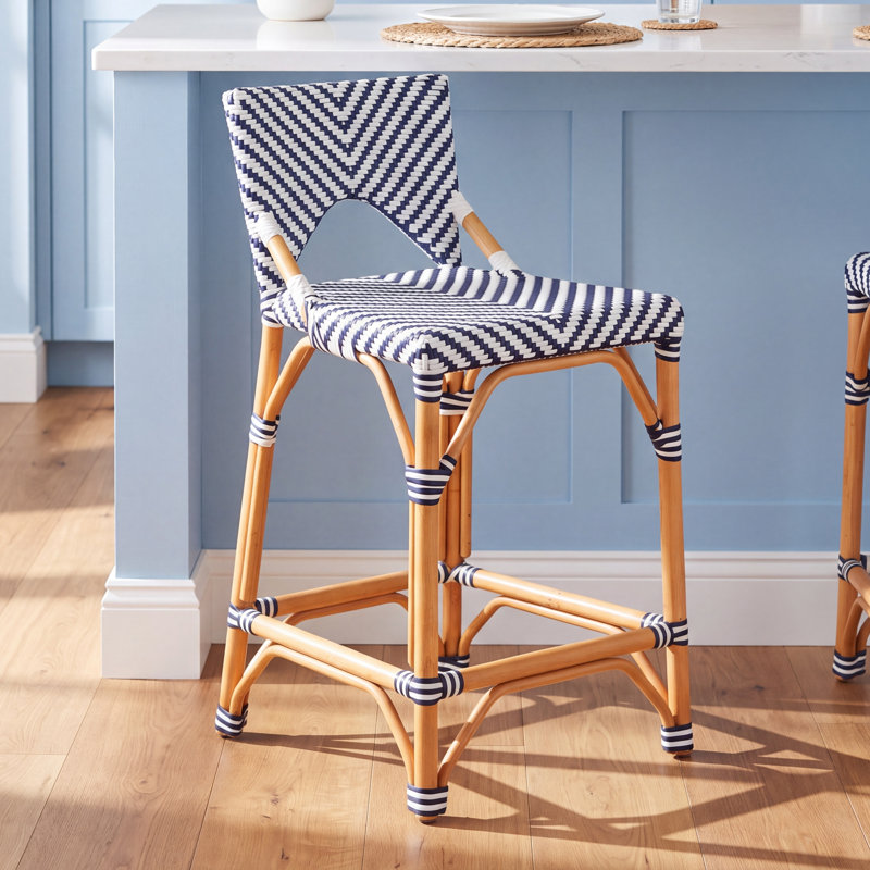 Estela Rattan Counter Stool, Navy Blue/White, Navy Blue/White