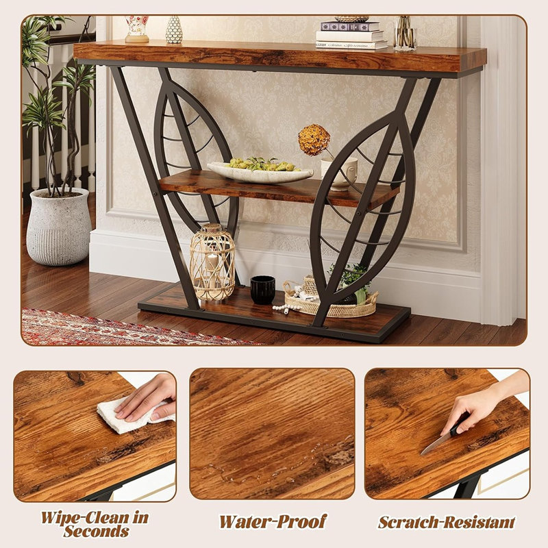 Console Leaf Design avec étagères de rangement à 3 niveaux, style industriel rustique, idéale pour une entrée ou un canapé – Brun rustique