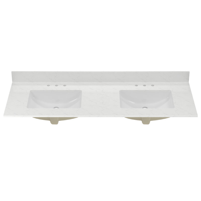 61" White Engineered Stone Double Vanity Top with Ceramic Sinks