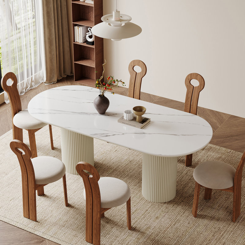 70.8” Stone Top Solid Wood Base Oval Modern Dining Table,Kitchen & Dining Room Tables,Rectangulardining Table For 6, Beige