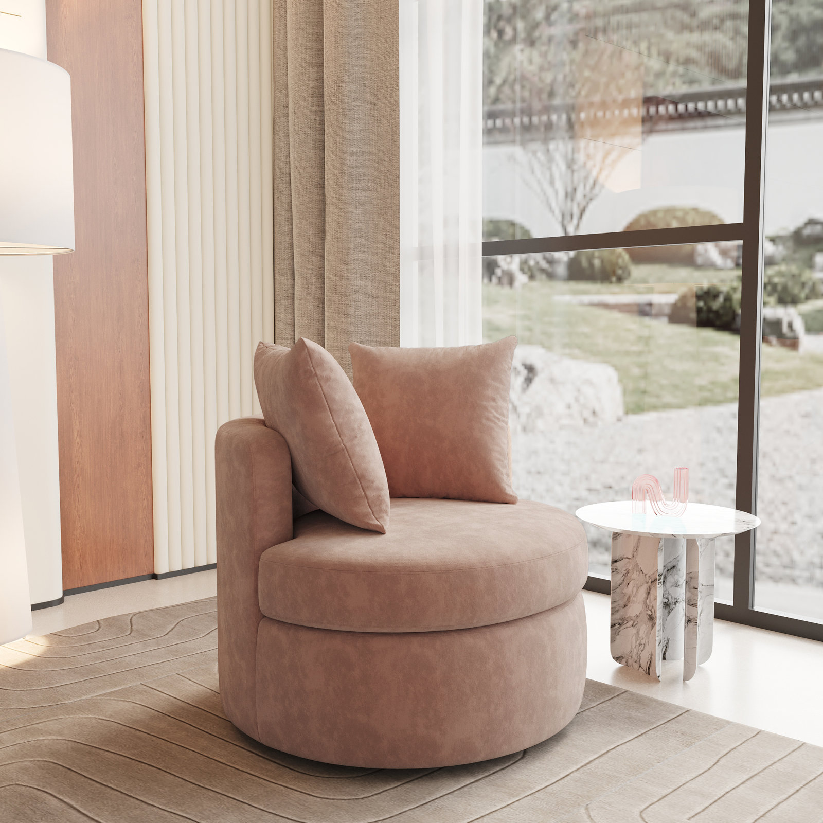 Kalista Linen Upholstered Swivel Barrel Chair, Italian Clay Linen Blend
