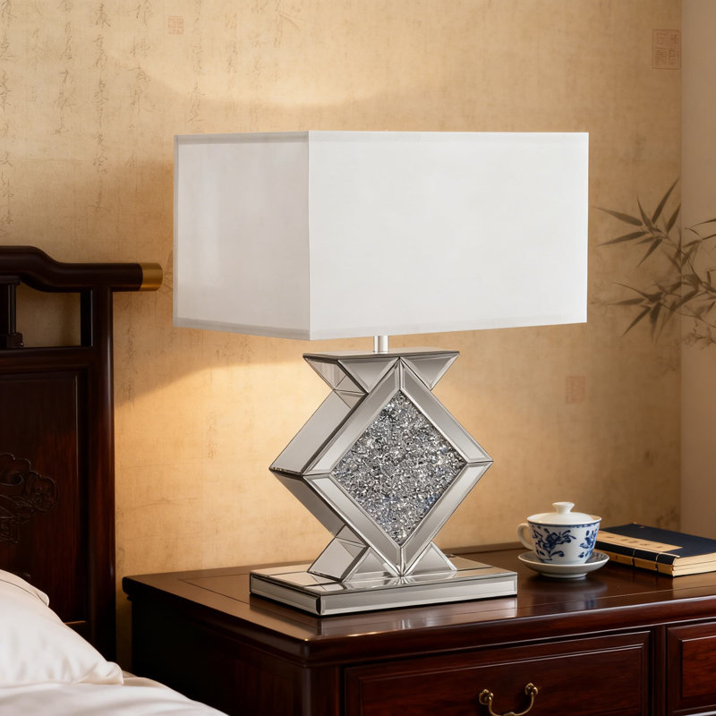 Modern Crushed Diamond Table Lamp With Mirrored Base And Linen Shade, 3-Way Dimmable Rectangular Bedside Lamp For Bedroom, Living Room, And Office Lighting