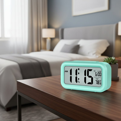 Green Night Light Digital Alarm Clock, Battery-Powered, Indoor Temp Display Desk Small Clock