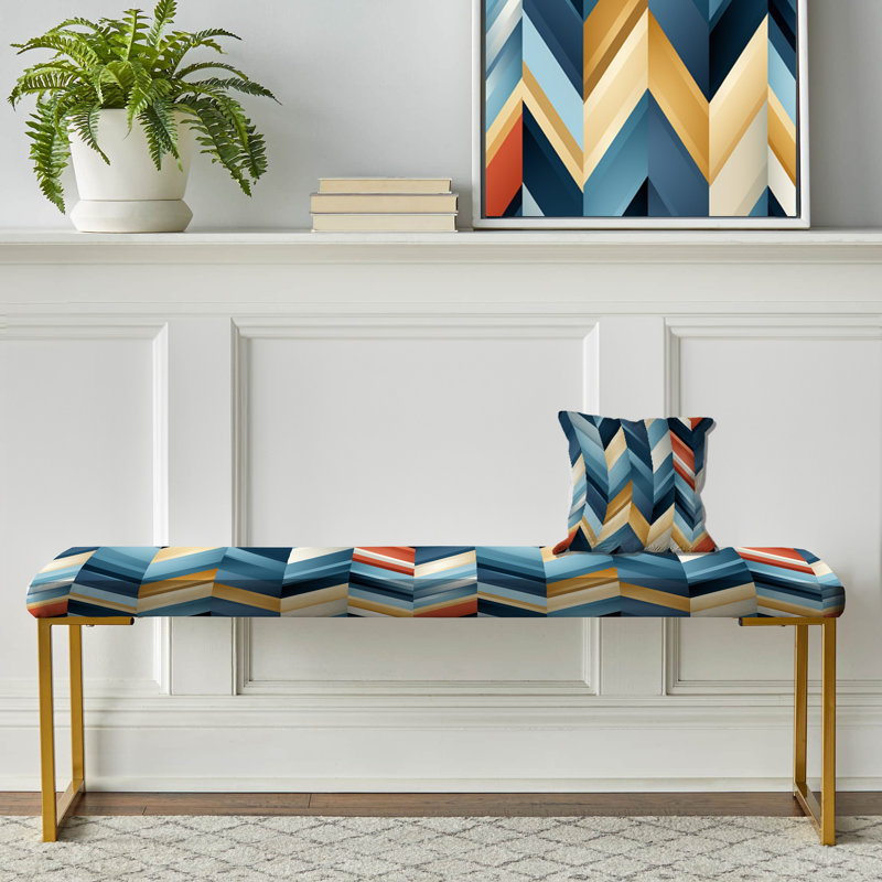 Blue And Golden Geometric Chevron - Geometric Upholstered Gold Bench