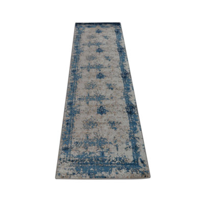 Machine Made Heatset Polyproplyene Area Rugs - Runner, Beige Blue Color, Oriental Design, Low Pile Machine Made Area Rugs for Living Room, Bed Room