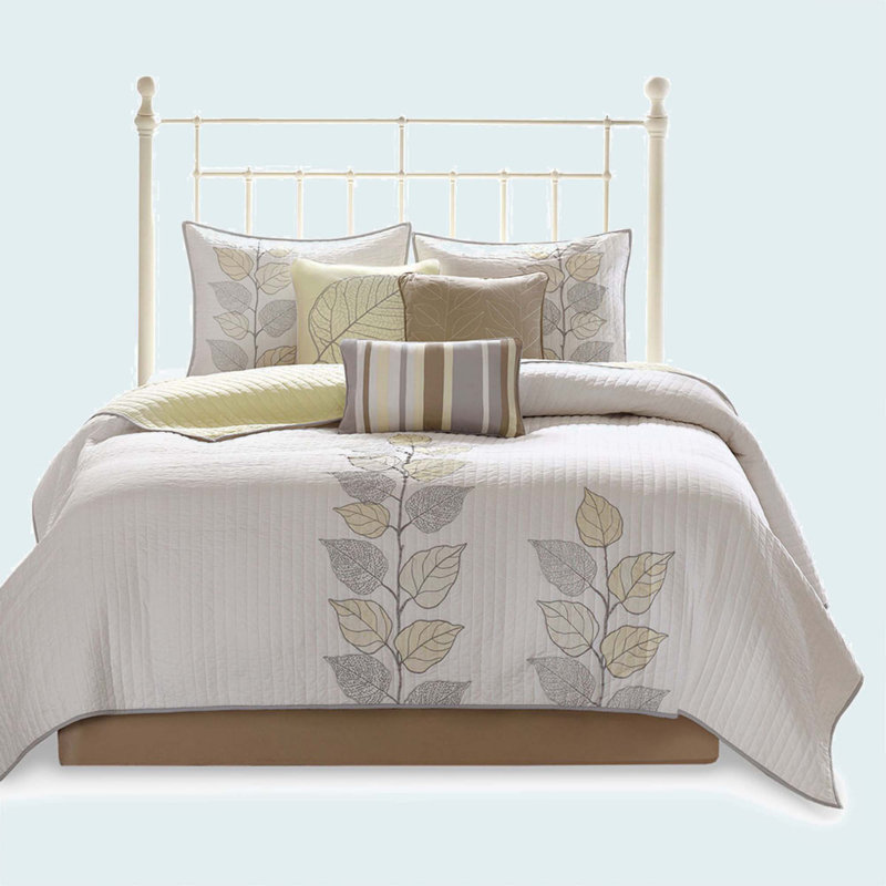 6 Piece Embroidered Quilt Set With Throw Pillows Yellow, Full/Queen Quilt + 2 Standard Pillow Shams