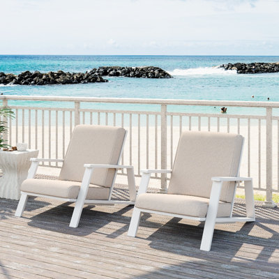 Outdoor Patio Lounge Chair, Beige Cushioned Club Chair With White Acacia Wood Frame, Weather-Resistant Deep Seating Chair For Backyard, Poolside(Set Of 2)