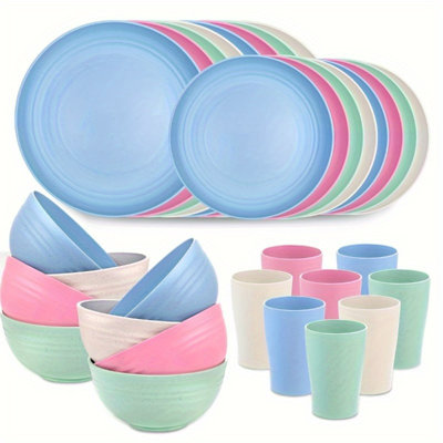 32pcs Unbreakable Wheat Straw Dinnerware Set - Lightweight, Reusable, Dishwasher & Microwave Safe, Modern Rectangle Design - Novelty Tableware For Indoor & Outdoor Use
