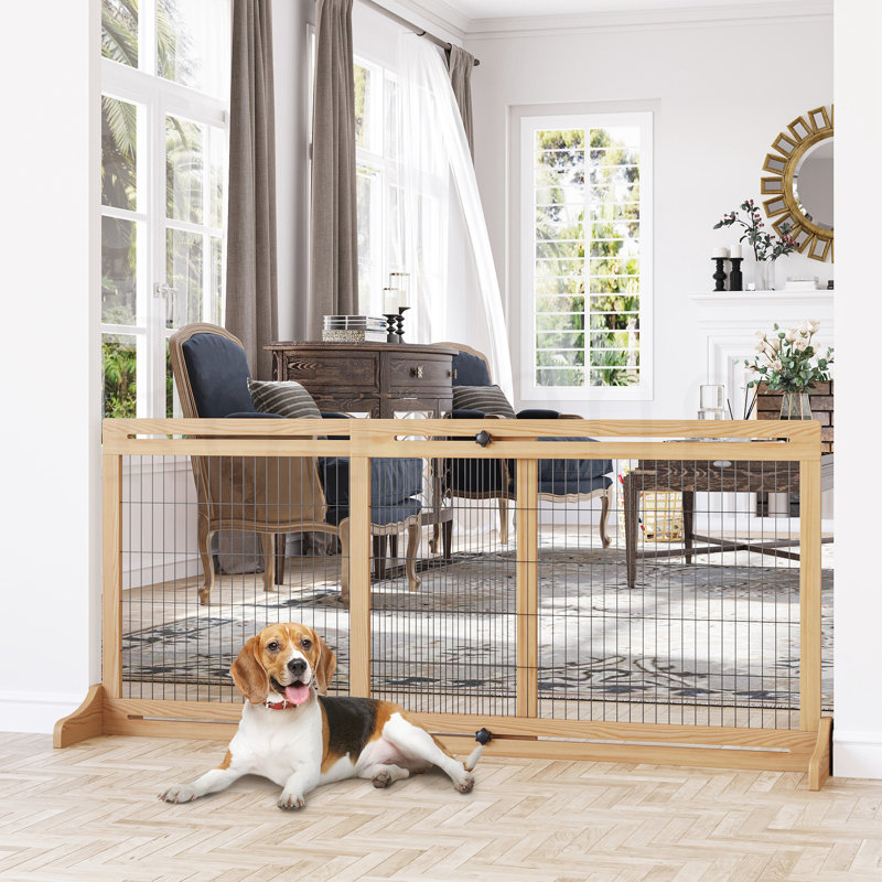 Natural Wooden Retractable Freestanding Pet Gate for Doorways