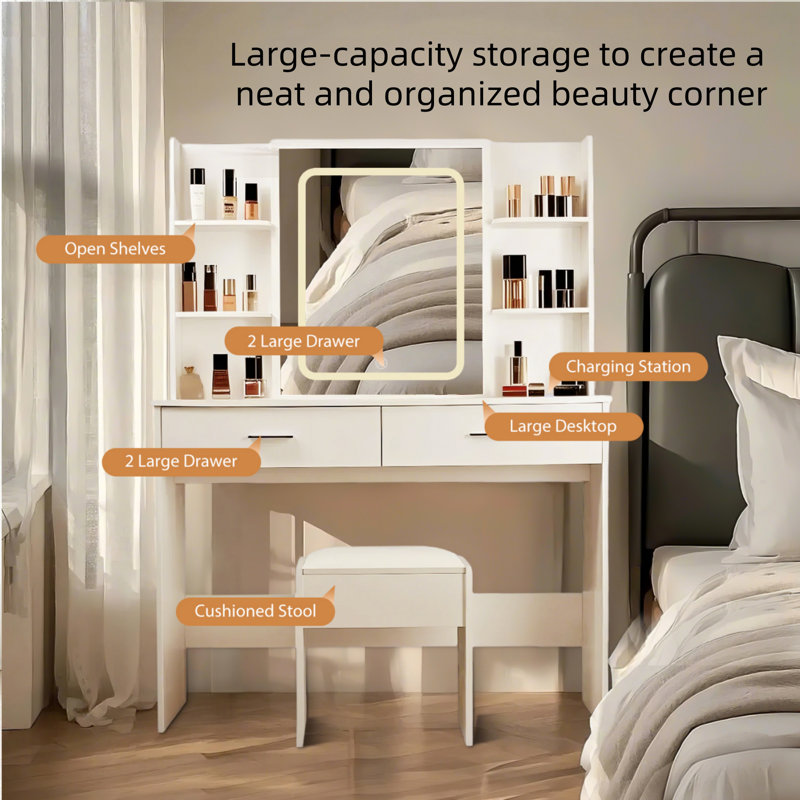 3 Lighting Modes With Adjustable Brightness, Dressing Table Set With Power Outlet And Cushioned Stool With Mirror And Light, 2 Drawers And 6 Storage Shelves For Make-Up Dresser