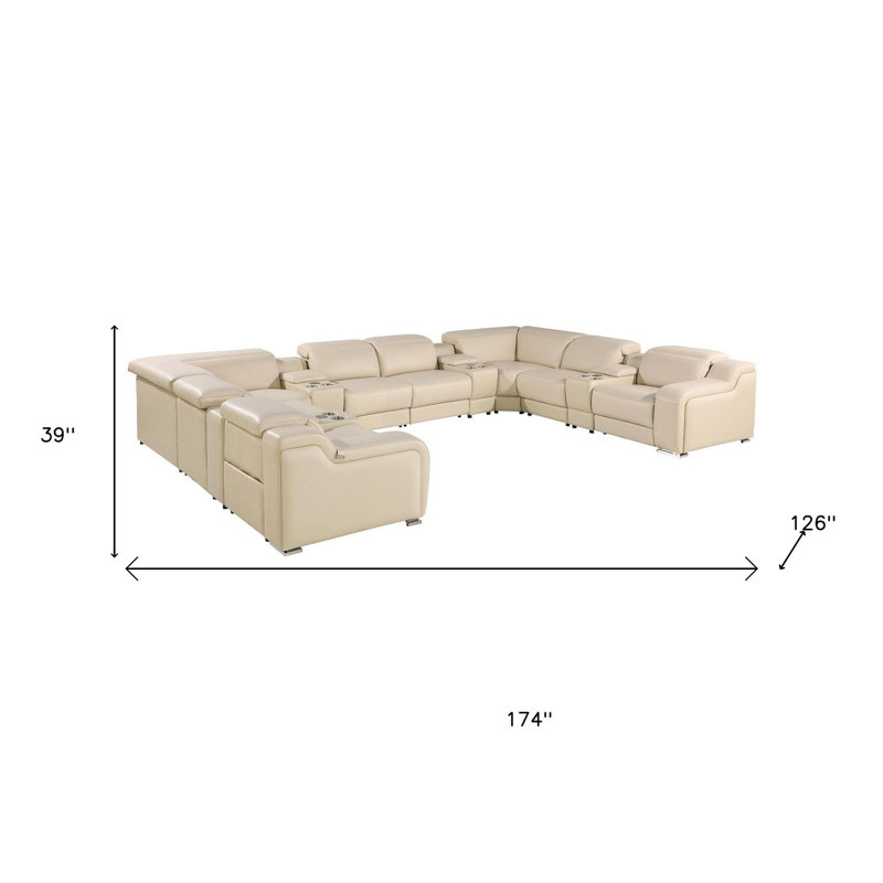 Canapé modulaire en U inclinable électrique en cuir beige à 12 pièces avec console