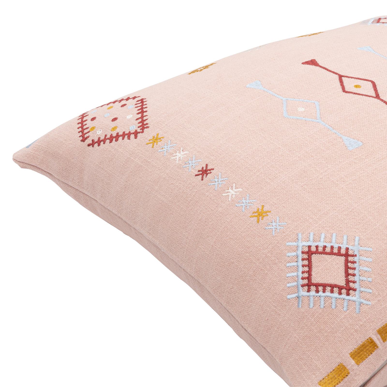 Gwyn Embroidered Cotton Pillow Cover, 18" x 18", Dusty Pink/Pale Blue/Mustard