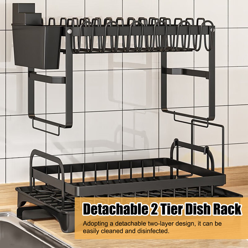 Black 2-Tier Foldable Metal Dish Drying Rack with Utensil Cup