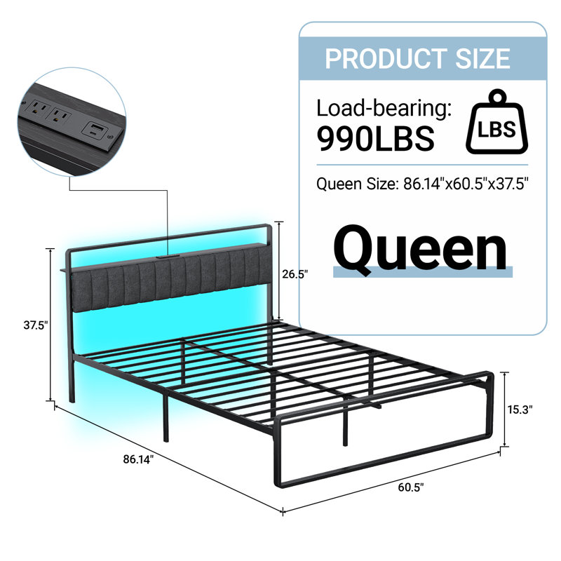 Queen Size Metal Bed Frame With Upholstered Headboard & LED Lights & Charging Station & Large Storage Space, No Box Spring Needed