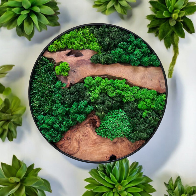 Natural Cedar Wood & Preserved Moss Wall Art - Handcrafted Round Décor