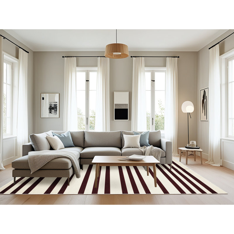 Tapis beige à rayures horizontales lavable à la machine, Rectangulaire 8 pi x 12 pi