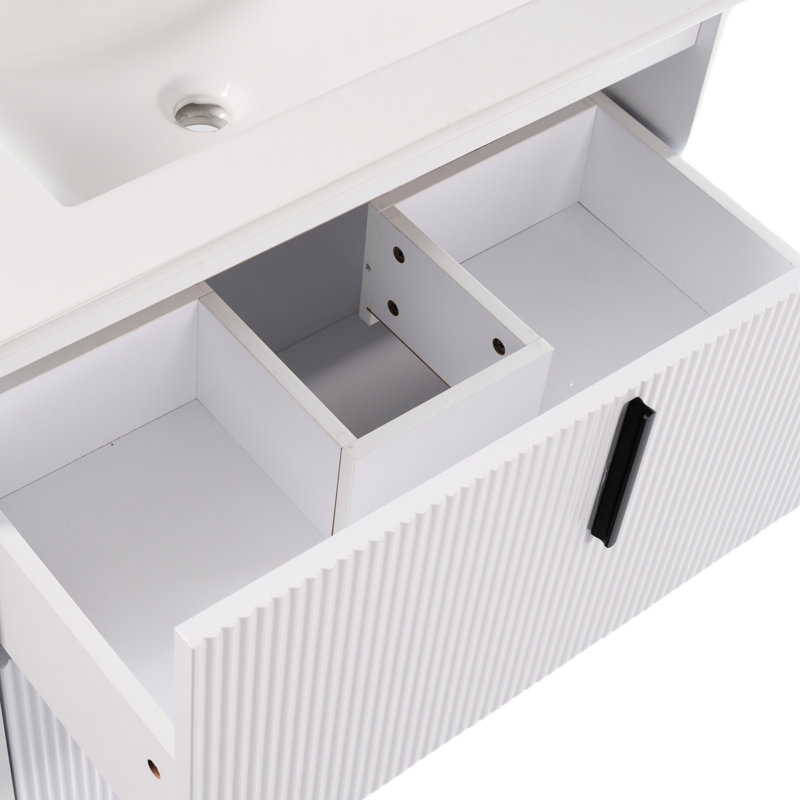 Meuble-lavabo de 30 po avec lavabo en céramique Wortman, esthétique cannelée faite à la main, système de tiroir à fermeture en douceur, tiroirs à extension, poignée de doigt de 5,8 po, pied de 8,27 po, petite option de rangement et glissières sous le comptoir,