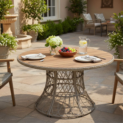 Table de salle à manger d'extérieur durable - plateau rond en bois d'acacia et base en osier, table de patio pour 4 à 6, meubles de jardin (compatibles avec les chaises assorties)
