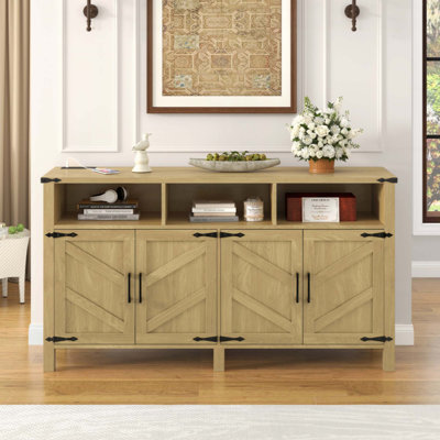 Modern 4-Door Sideboard Buffet With Power Outlets & USB Ports, Adjustable Shelves And Half-Open Storage Cabinet, Metal Accents & Aluminum Handles For Living Room, Dining Room, Entryway