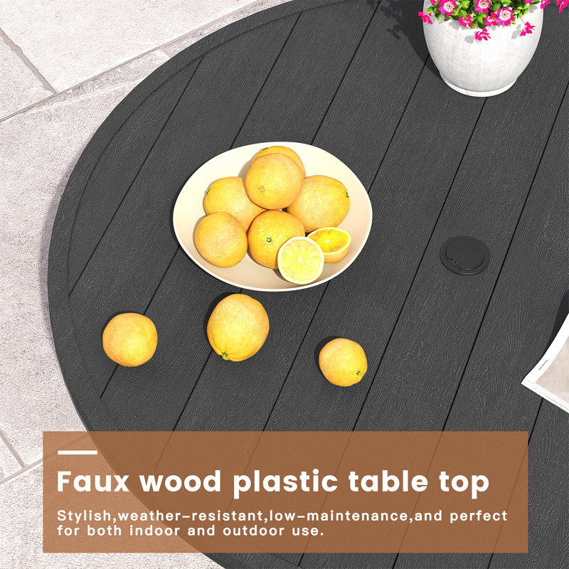 Round Patio Dining Set with 56"  Faux Wood Dining Table and Padded PVC-coated polyester Chairs, Black/Navy