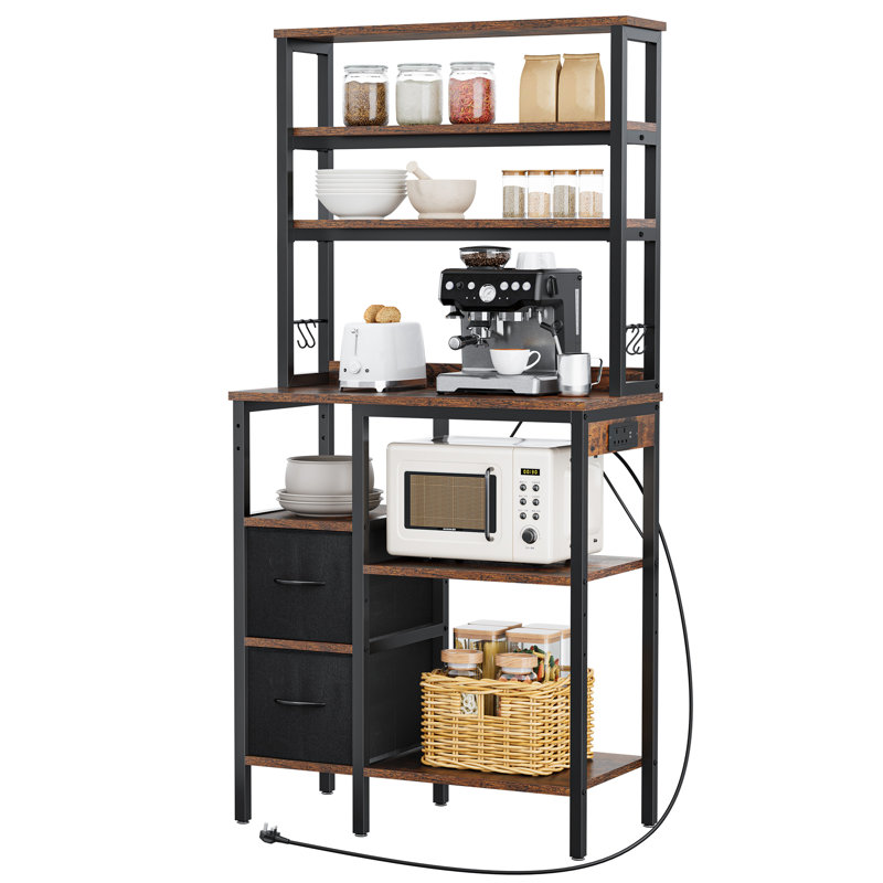  Kitchen Storage Rack With Power Outlet, 2 AC Outlets 2 USB Ports, Baker's Rack With 2 Drawers And 4 Hooks, Microwave Shelf