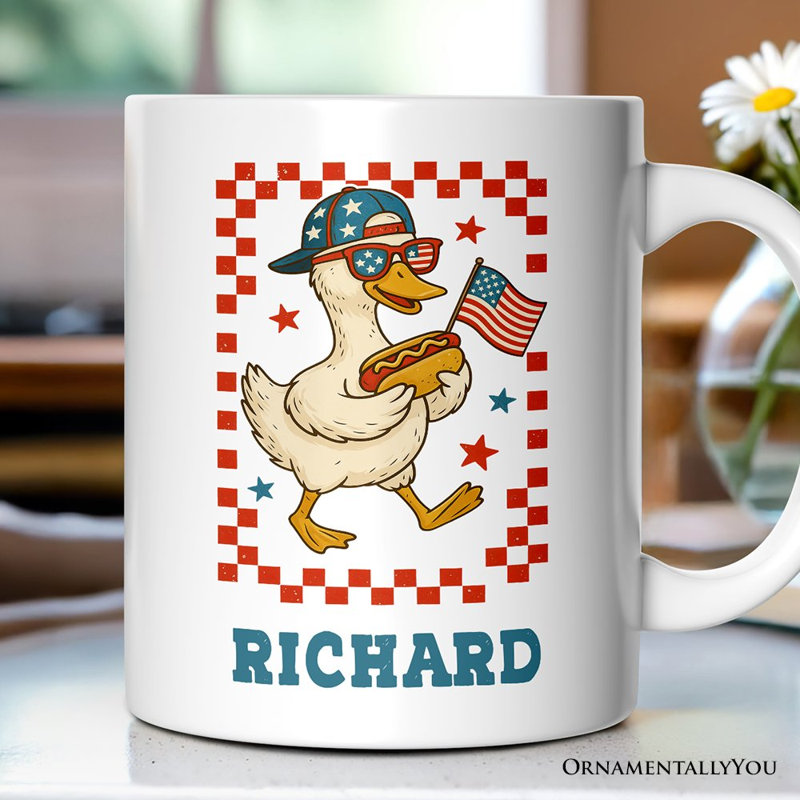 Tasse de canard patriotique du 4 juillet, cadeau amusant pour la fête de l’indépendance avec nom personnalisé
