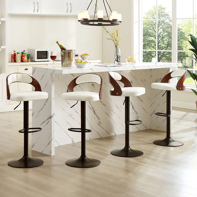 George Set of 4 Adjustable Height Bar Stools Mid-Century Modern Faux Leather Wood Chair 360° Swivel, Industrial Pedestal Base, for Kitchen, Counter, Home Bar