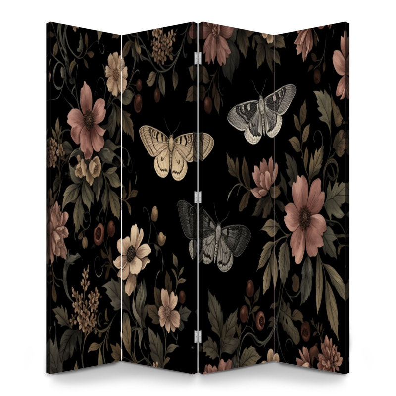 Paravent pliant à 4 panneaux, motif floral royal vintage, roses poudrés, détails botaniques, en toile, séparateur de pièce autoportant, cloison de protection pour plus d'intimité