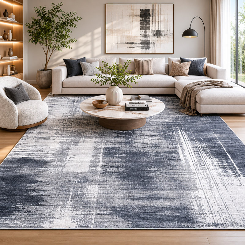 Tapis abstrait à poils courts antidérapant à motif abstrait, Gris anthracite / ivoire, Rectangle 5 pi x 7 pi
