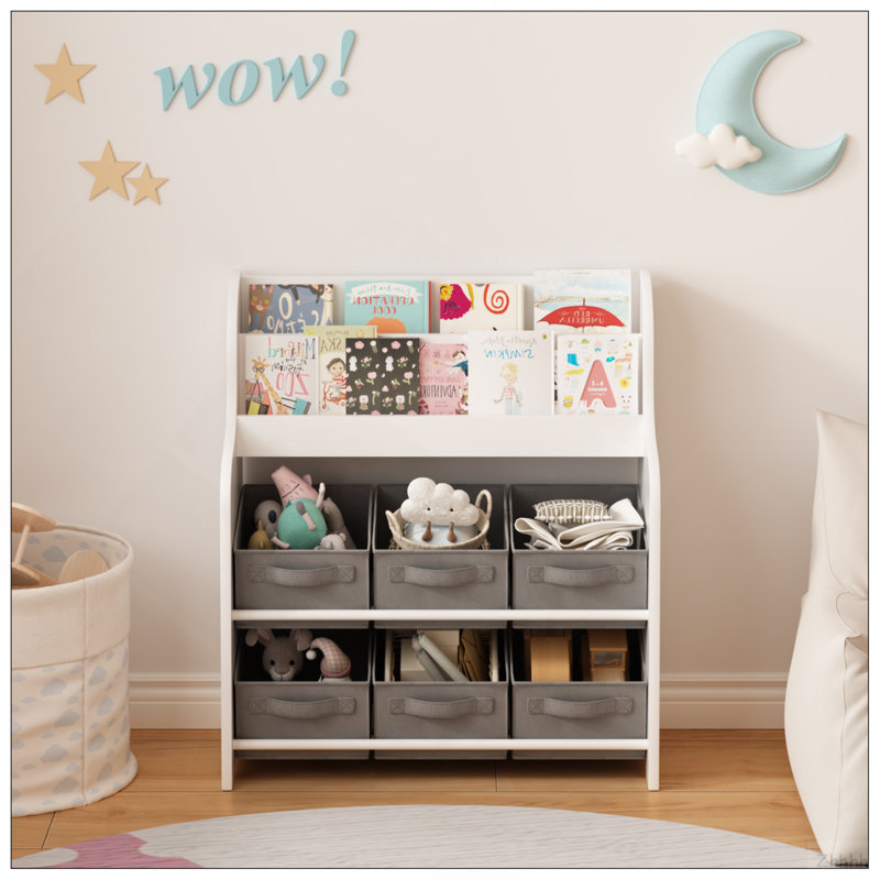 Bibliothèque pour enfants avec 6 bacs de rangement en tissu, bibliothèque pour enfants multifonctionnelle et organisateur de jouets, tablette de présentation pour salle de jeux, chambre à coucher ou chambre de bébé - blanc et gris